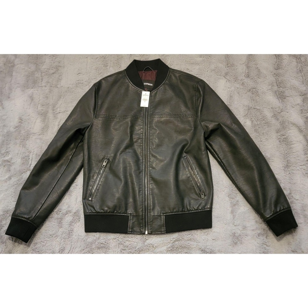 Express Jacket Mens Medium Black Faux Leather Bomber Zip Pockets Lined Ribbed